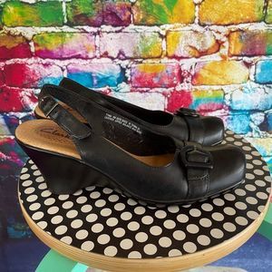 Clarks Black Leather Sling Back Wedge Heel Shoes Size 8 Medium